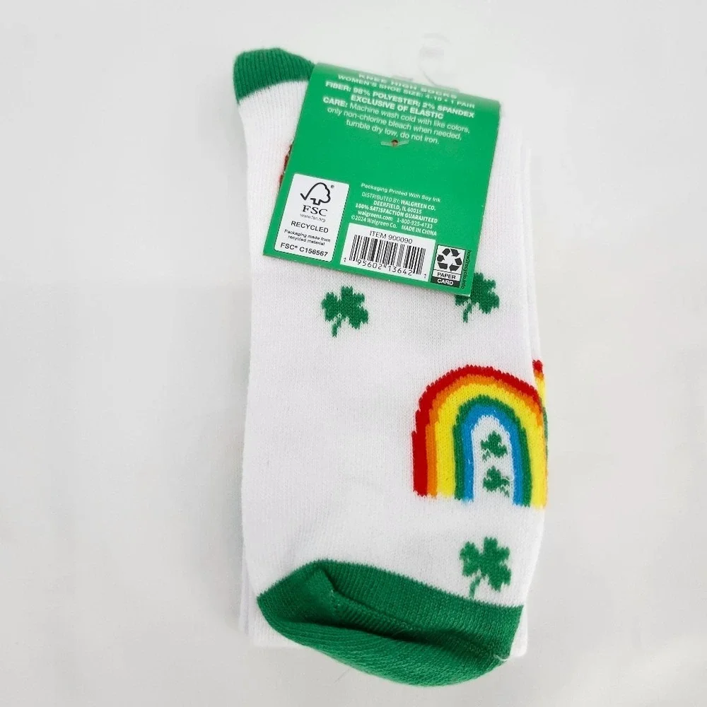 Luck To You NWT Kidcore Knee High Socks Size 4-10 Rainbow Four Leaf Clover AOP